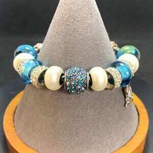 Silvertone Slide Charm Bracelet Blue Crystal Blue & White Slide Charm Adjustable